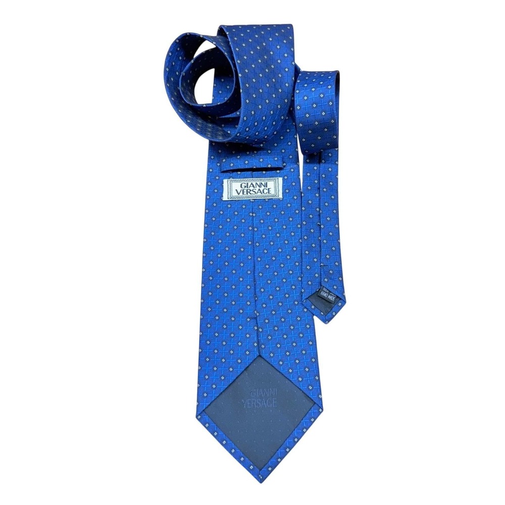 VTG Versace Mens Silk Necktie Blue Geometric Pattern Hand Made Italy 55 Inch